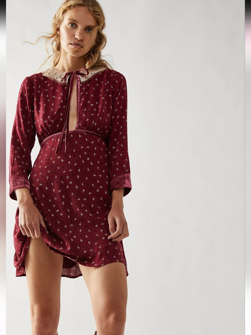Free People Delfina Mini Dress Burgundy Lace Collar Boho Babydoll M